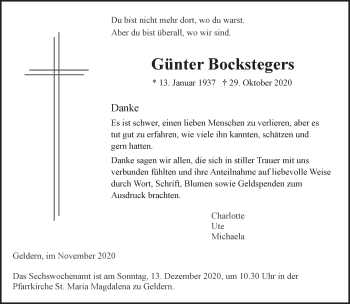 Traueranzeige von Günter Bockstegers 