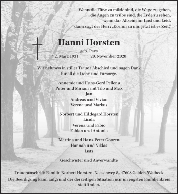 Traueranzeige von Hanni Horsten 