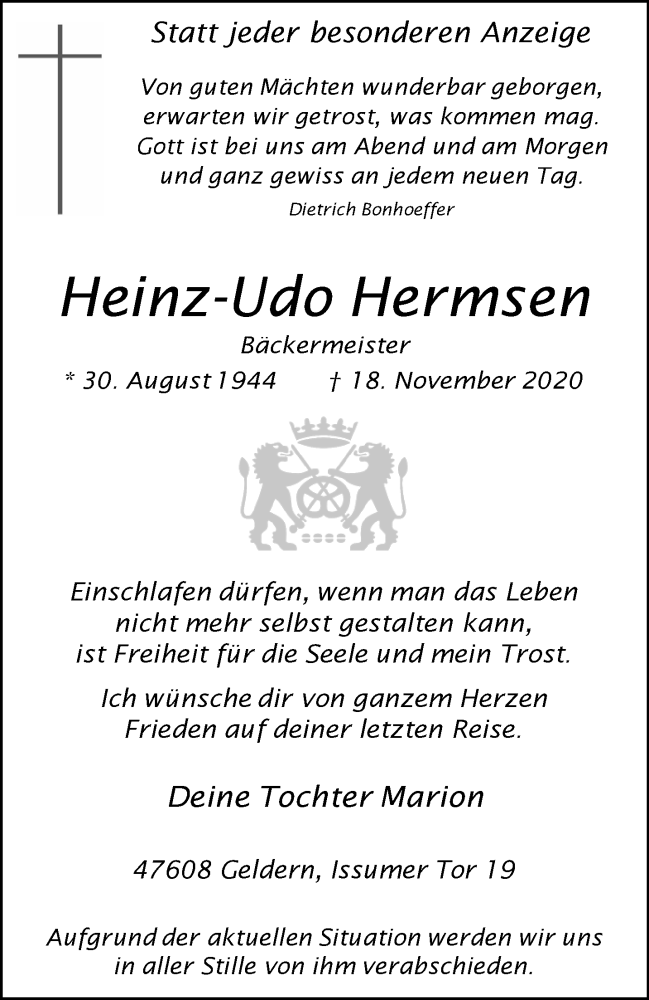  Traueranzeige für Heinz-Udo Hermsen vom 21.11.2020 aus 