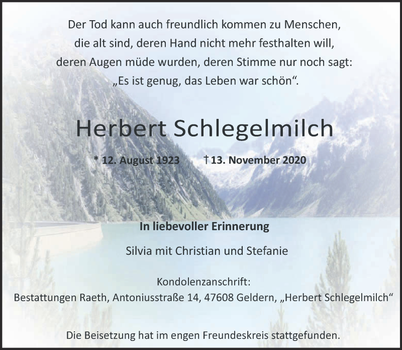  Traueranzeige für Herbert Schlegelmilch vom 21.11.2020 aus 