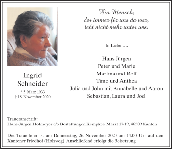 Traueranzeige von Ingrid Schneider 