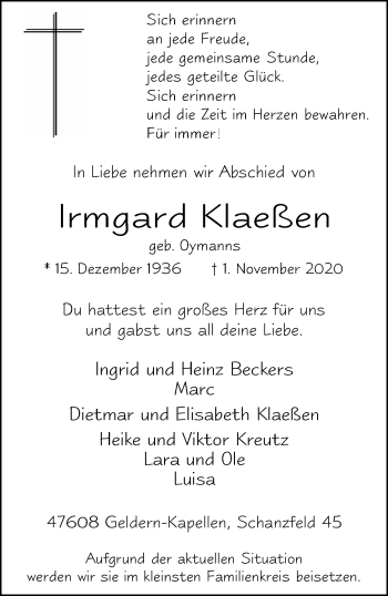 Traueranzeige von Irmgard Klaeßen 