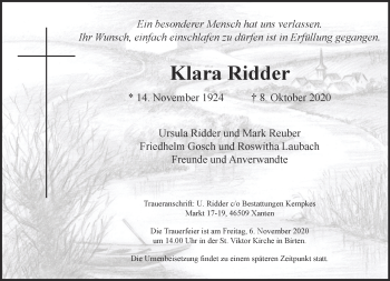 Traueranzeige von Klara Ridder 