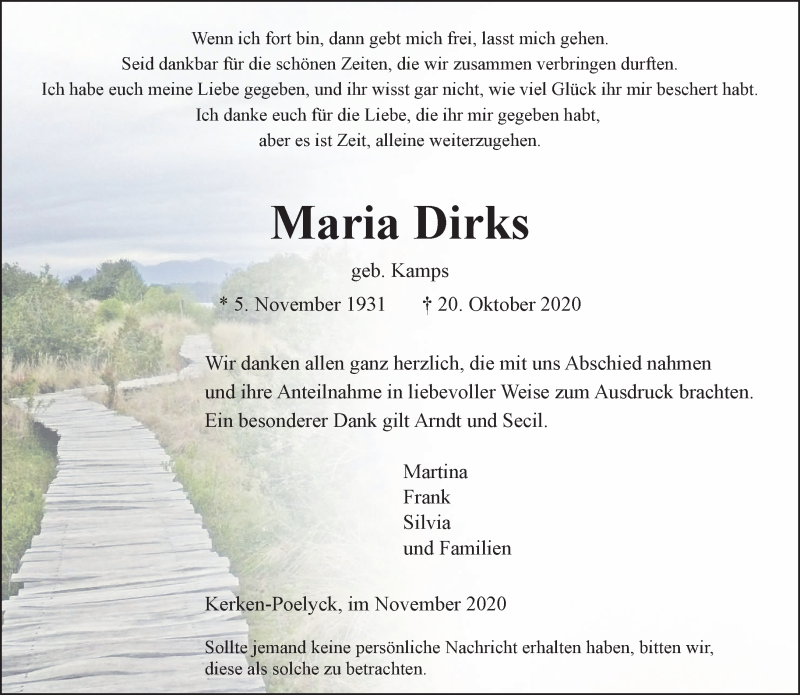  Traueranzeige für Maria Dirks vom 21.11.2020 aus 