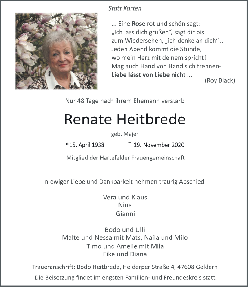  Traueranzeige für Renate Heitbrede vom 28.11.2020 aus 