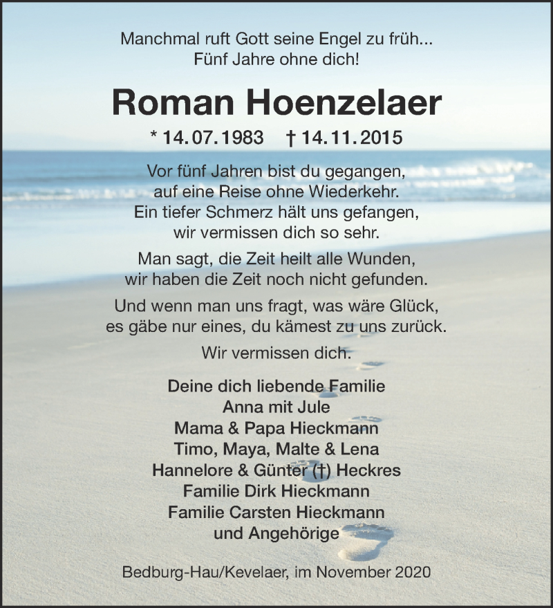  Traueranzeige für Roman Hoenzelaer vom 14.11.2020 aus 