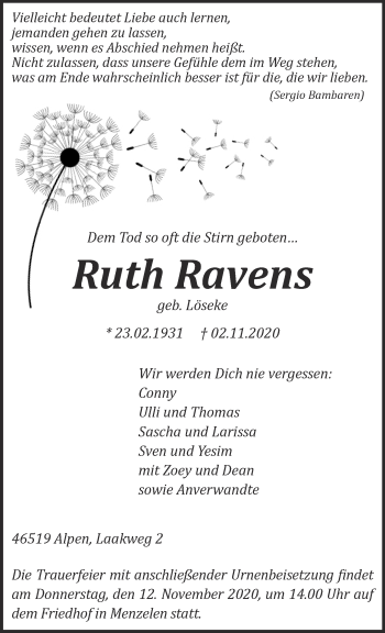 Traueranzeige von Ruth Ravens 