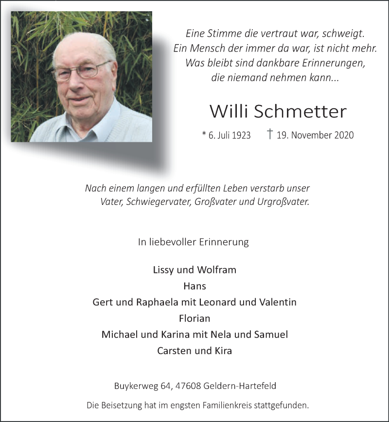  Traueranzeige für Willi Schmetter vom 28.11.2020 aus 