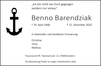 Traueranzeige von Benno Barendziak 