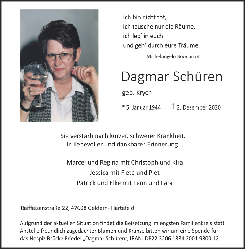  Traueranzeige für Dagmar Schüren vom 12.12.2020 aus 
