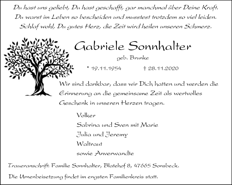  Traueranzeige für Gabriele Sonnhalter vom 02.12.2020 aus 