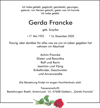 Traueranzeige von Gerda Francke 