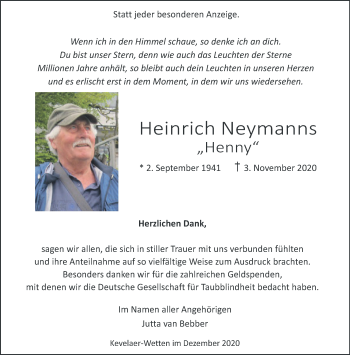 Traueranzeige von Heinrich Neymanns 