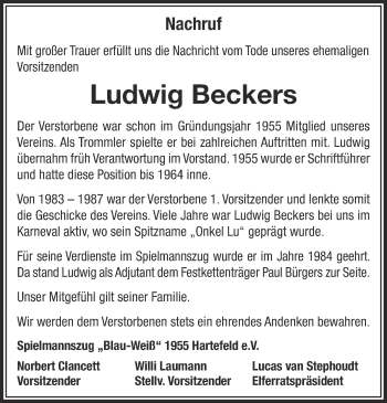 Traueranzeige von Ludwig Beckers 