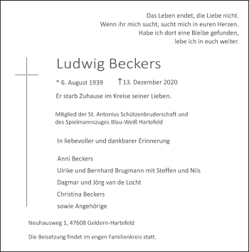 Traueranzeige von Ludwig Beckers 