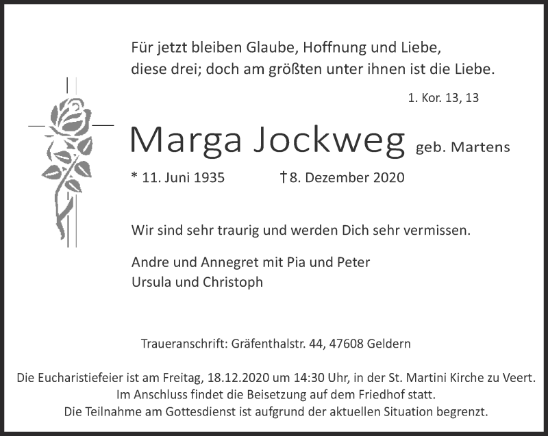  Traueranzeige für Marga Jockweg vom 12.12.2020 aus 
