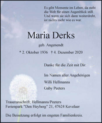 Traueranzeige von Maria Derks 