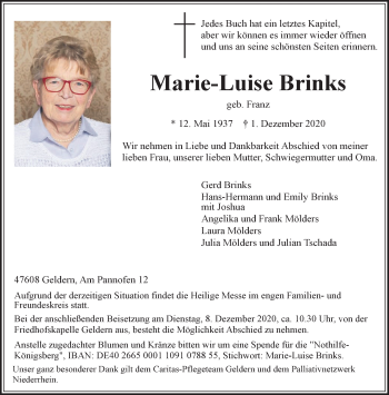 Traueranzeige von Marie-Luise Brinks 