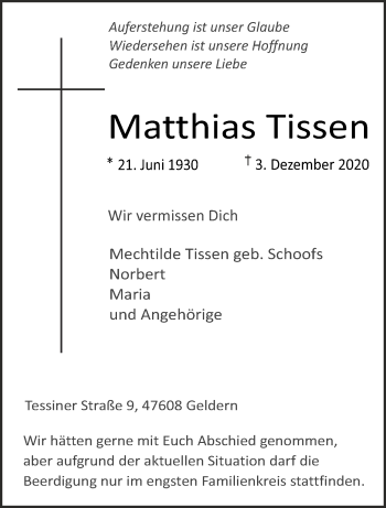Traueranzeige von Matthias Tissen 