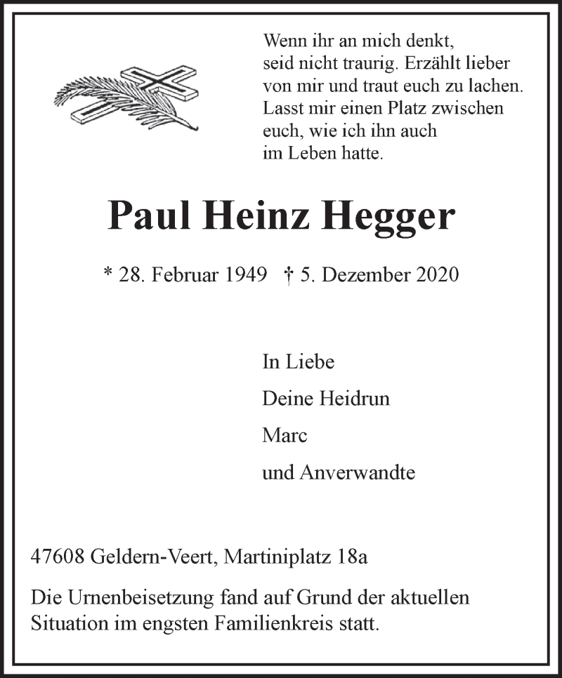  Traueranzeige für Paul Heinz Hegger vom 19.12.2020 aus 
