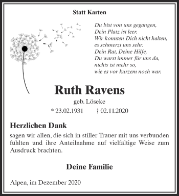 Traueranzeige von Ruth Ravens 