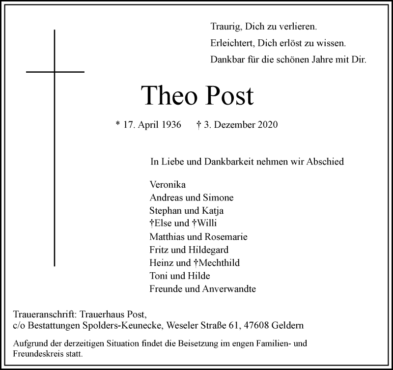  Traueranzeige für Theo Post vom 09.12.2020 aus 