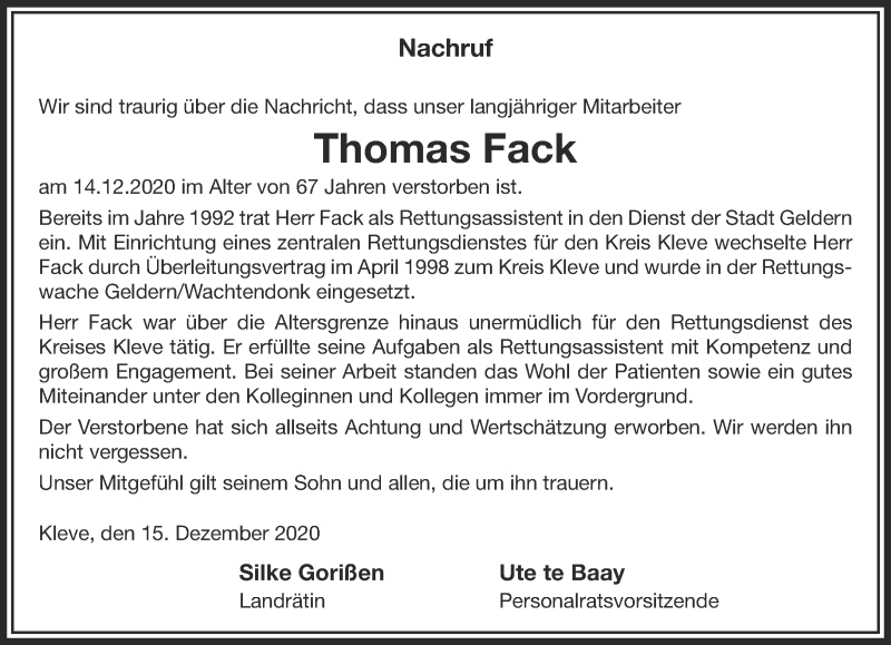  Traueranzeige für Thomas Fack vom 23.12.2020 aus 