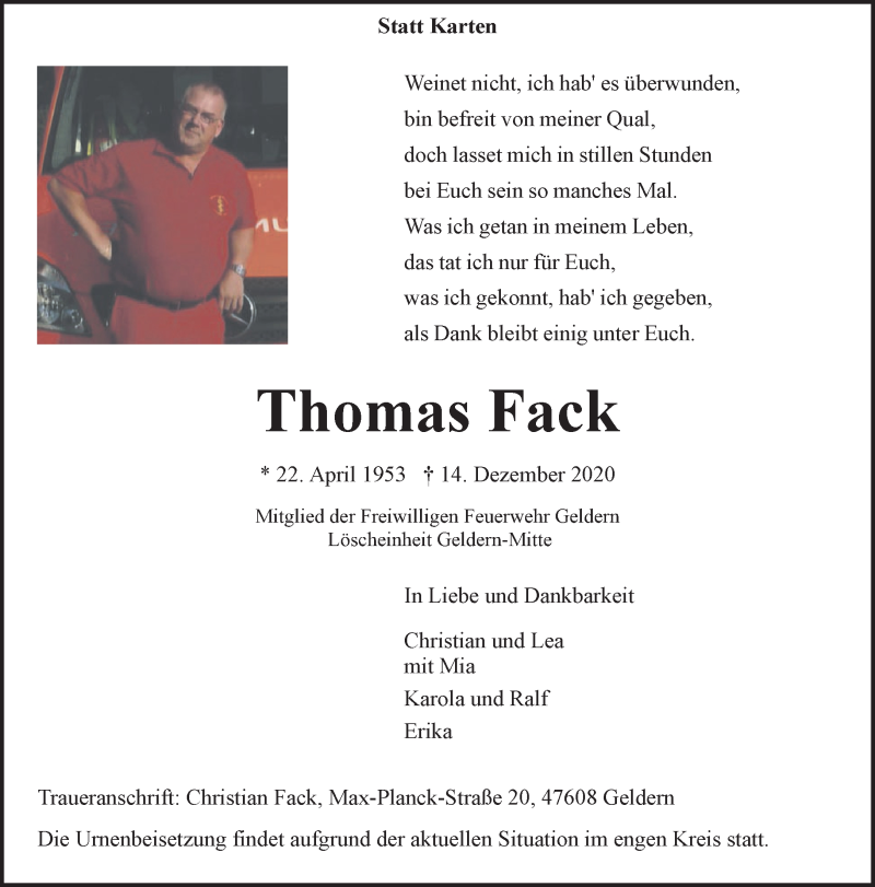  Traueranzeige für Thomas Fack vom 19.12.2020 aus 