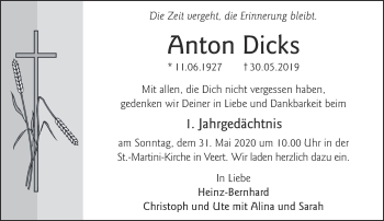 Traueranzeige von Anton Dicks 