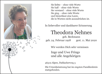 Traueranzeige von Theodora Nehnes 