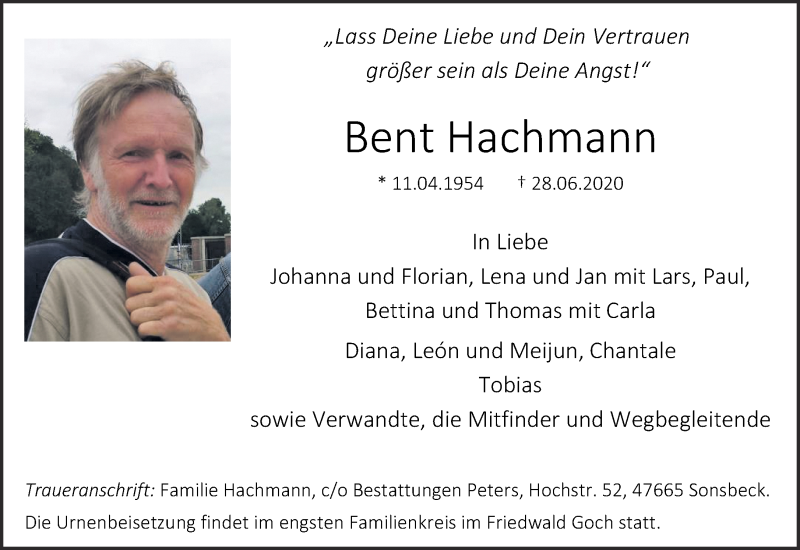  Traueranzeige für Bent Hachmann vom 04.07.2020 aus 