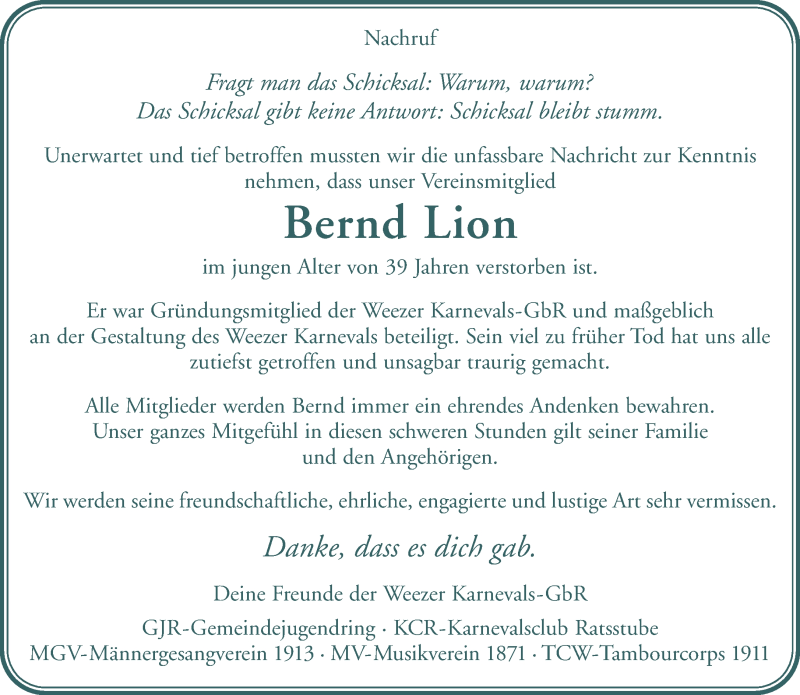  Traueranzeige für Bernd Lion vom 04.07.2020 aus 
