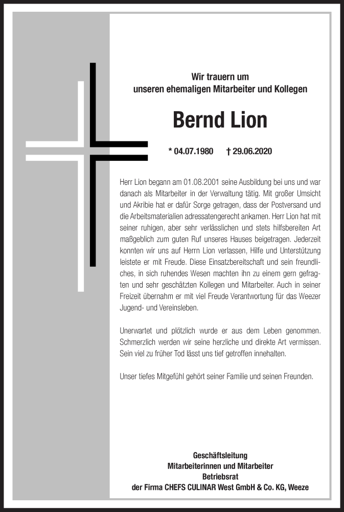  Traueranzeige für Bernd Lion vom 18.07.2020 aus 