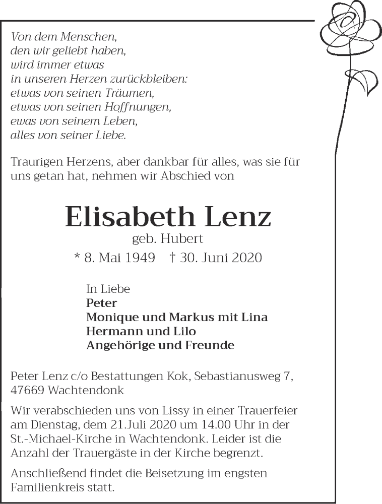  Traueranzeige für Elisabeth Lenz vom 04.07.2020 aus 