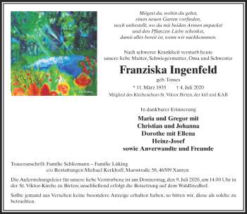 Traueranzeige von Franziska Ingenfeld 
