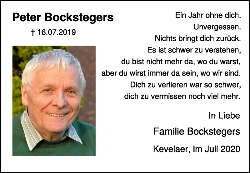 Traueranzeige für Peter Bockstegers vom 11.07.2020 aus 