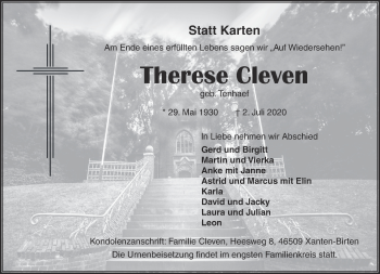 Traueranzeige von Therese Cleven 