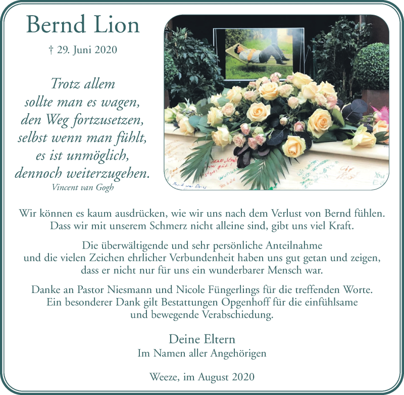  Traueranzeige für Bernd Lion vom 22.08.2020 aus 