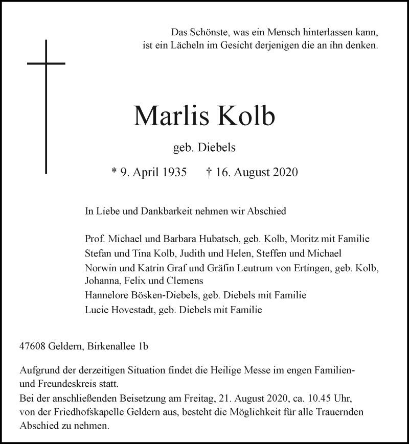  Traueranzeige für Marlis Kolb vom 19.08.2020 aus 