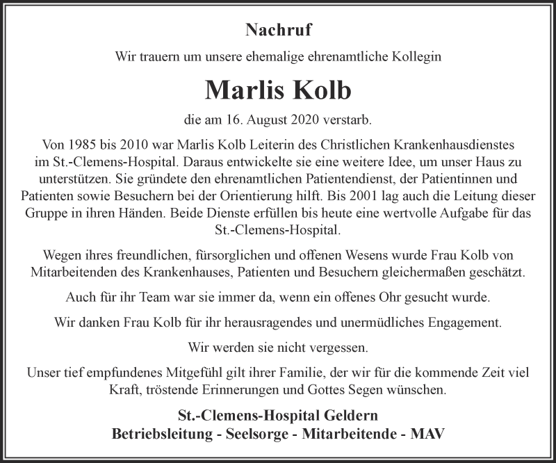  Traueranzeige für Marlis Kolb vom 22.08.2020 aus 