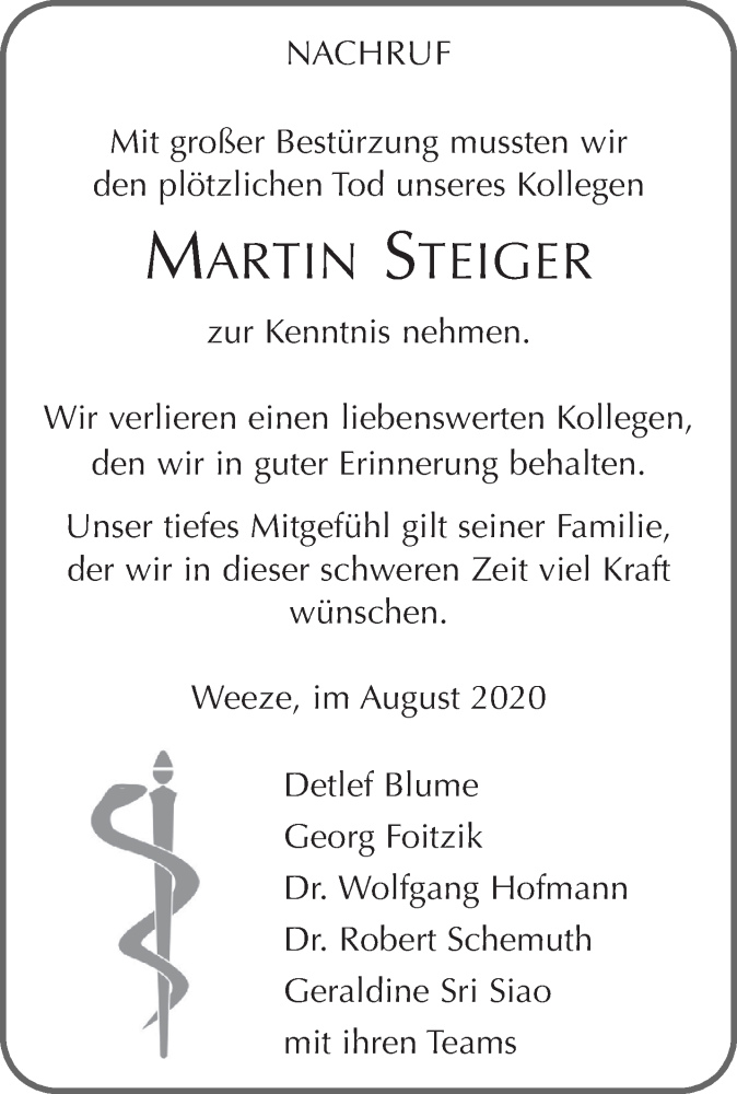  Traueranzeige für Martin Steiger vom 29.08.2020 aus 