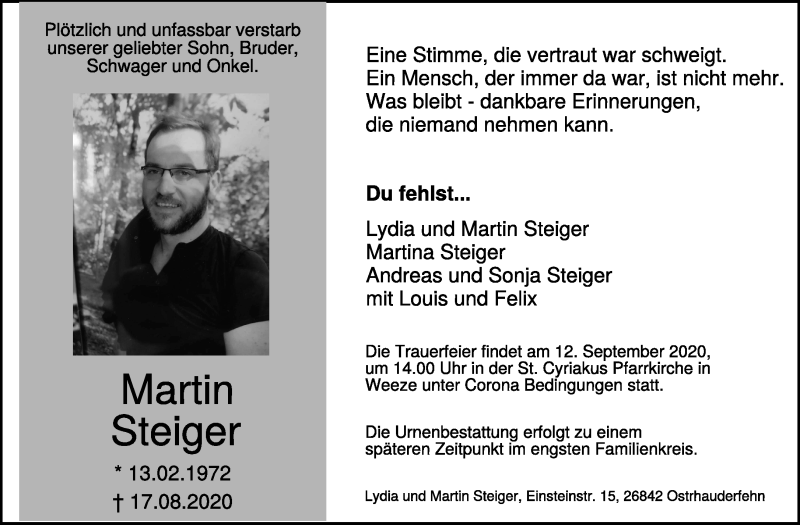  Traueranzeige für Martin Steiger vom 29.08.2020 aus 