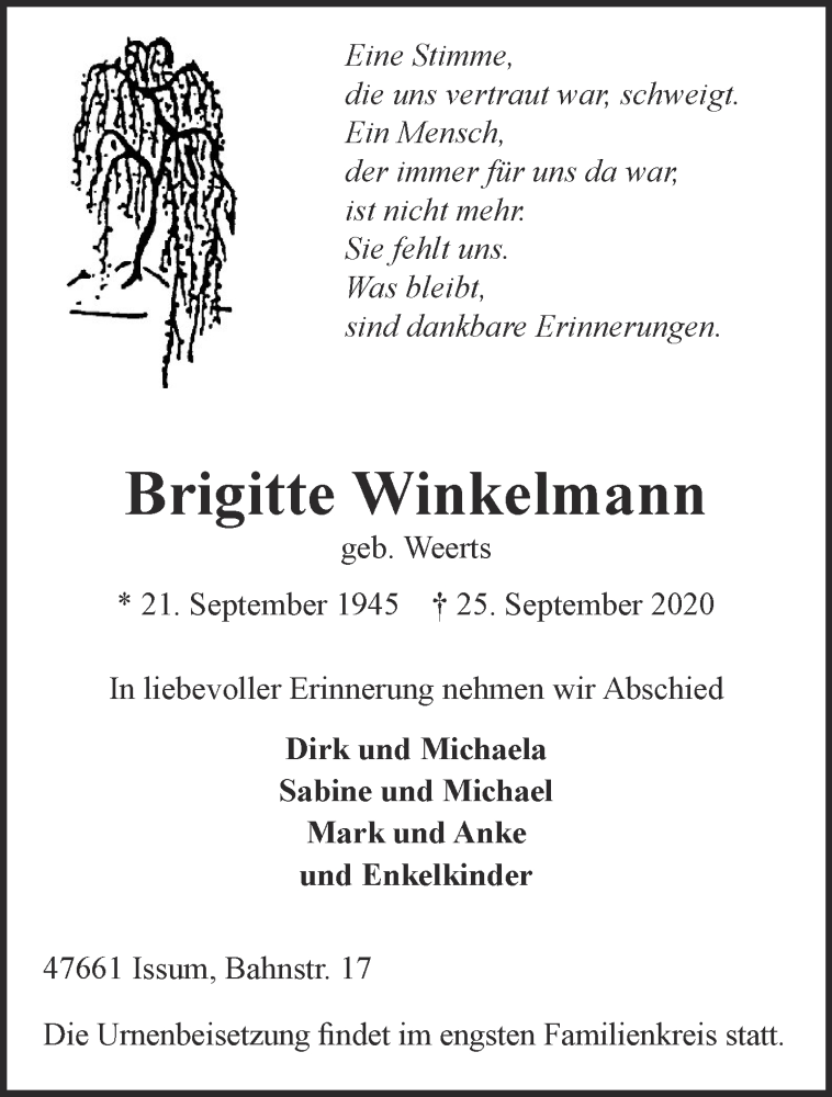  Traueranzeige für Brigitte Winkelmann vom 30.09.2020 aus 