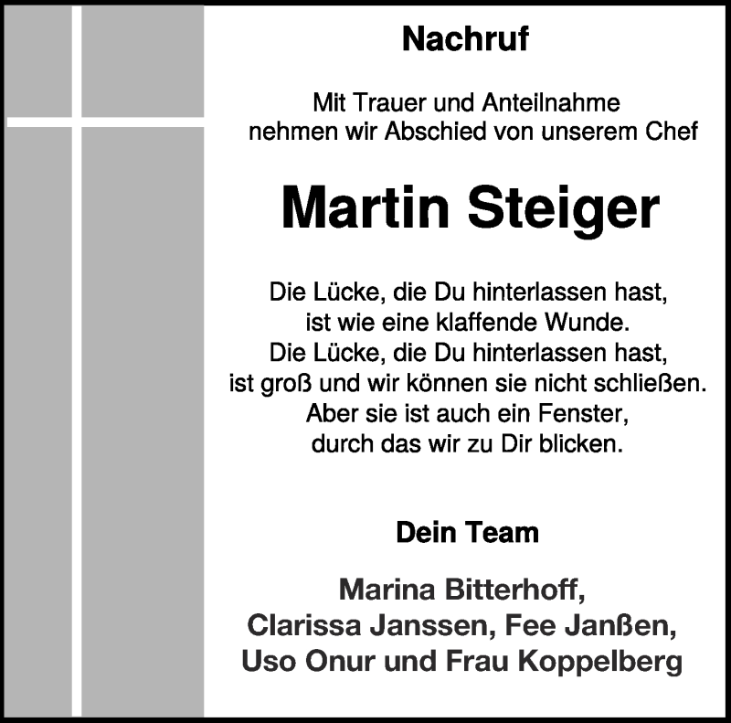  Traueranzeige für Martin Steiger vom 05.09.2020 aus 