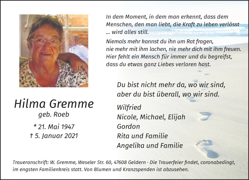 Traueranzeige für Hilma Gremme vom 16.01.2021 aus 