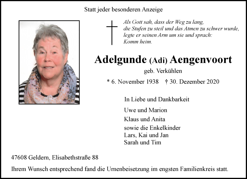  Traueranzeige für Adelgunde Aengenvoort vom 27.01.2021 aus 