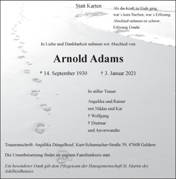 Traueranzeige von Arnold Adams 