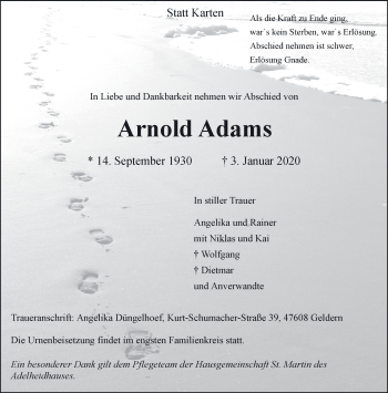 Traueranzeige von Arnold Adams 