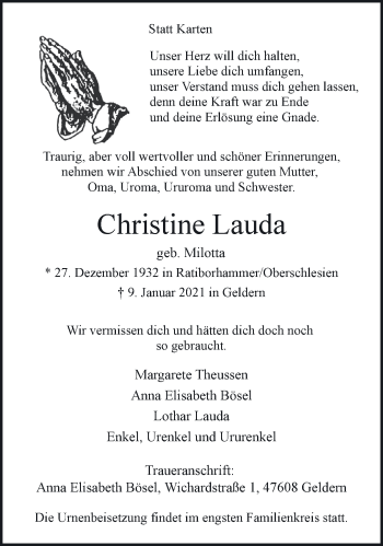 Traueranzeige von Christine Lauda 
