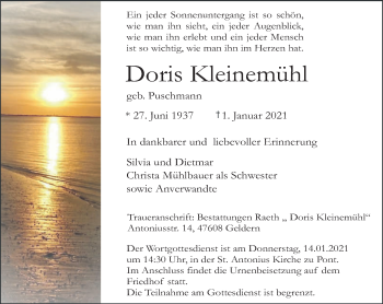 Traueranzeige von Doris Kleinemühl 